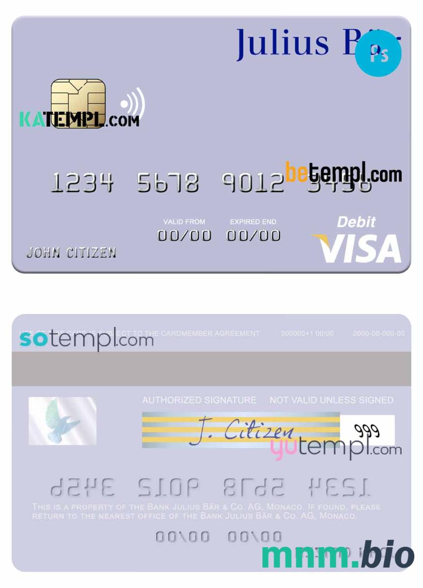 Monaco Julius Bär & Co. AG bank visa debet karta, w pełni edytowalne template in PSD format